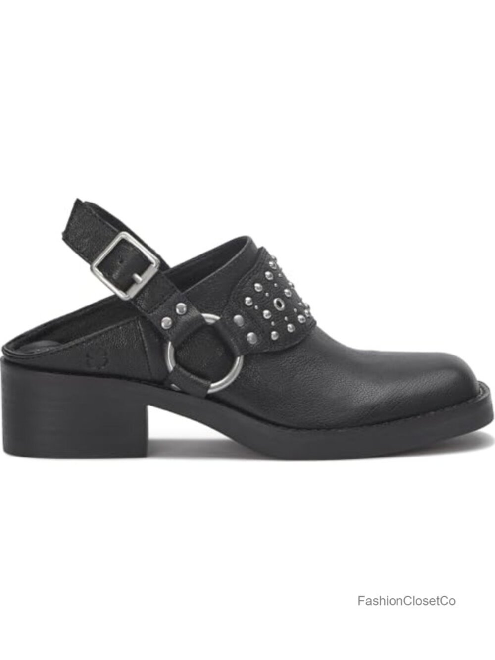 Square Toe Mule with Harness and Studding, Leather Upper, Stacked Block Heel - Picture 5 of 6